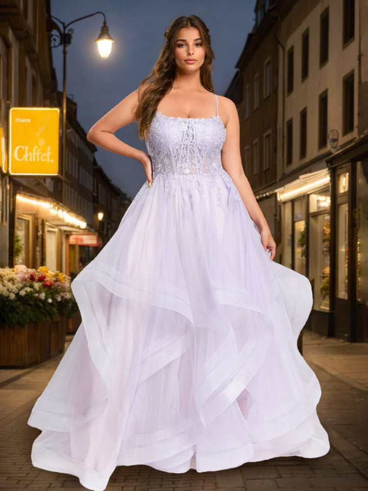 Ball Gown Square Neck Spaghetti Straps Floor-Length Tulle Plus Size Prom Dresses with Appliques