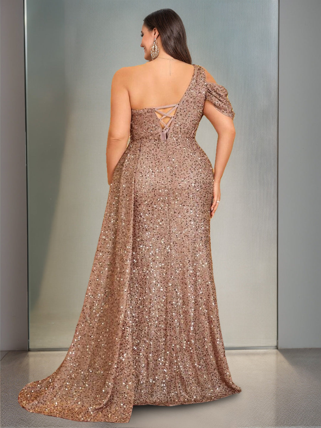 Sheath/Column One-Shoulder Sleeveless Floor-Length Sequined Plus Size Prom Dresses With Split Side & Watteau Train