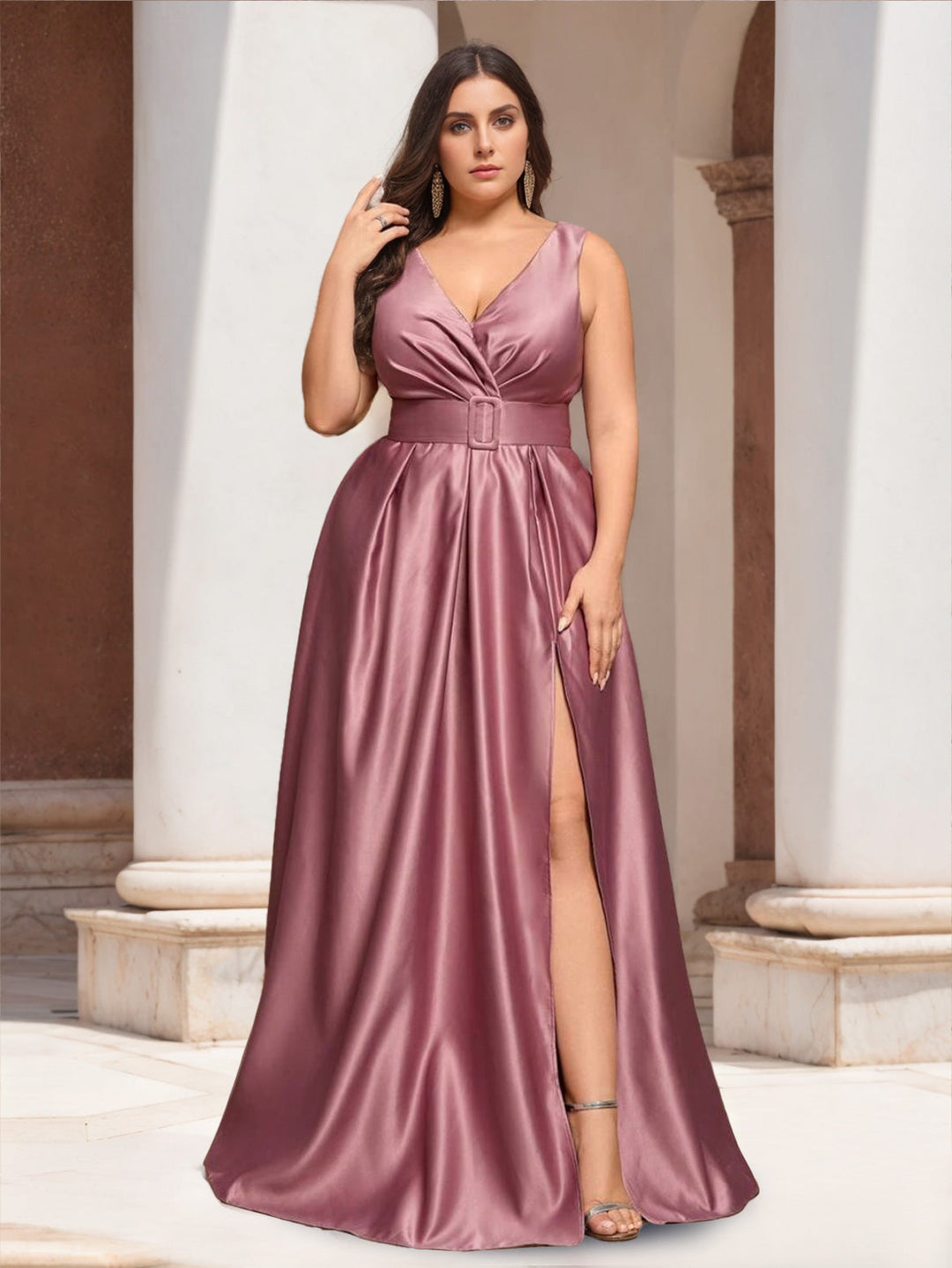A-Line/Princess V-Neck Sleeveless Floor-Length Plus Size Prom Dresses - Mondressy UK A-Line/Princess V-Neck Sleeveless Floor-Length Plus Size Prom Dresses - Mondressy UK