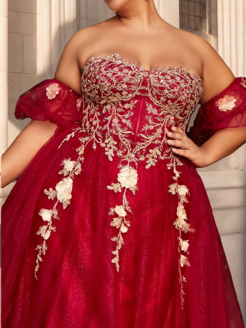 Ball Gown Strapless Sleeveless Floor-Length Plus Size Tulle Prom Dresses With Sequins and Appliques