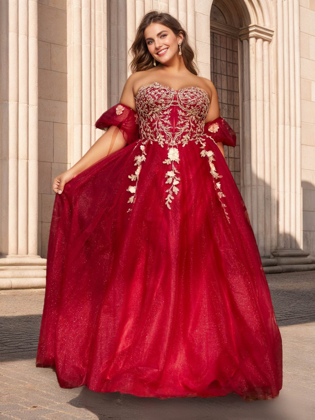 Ball Gown Strapless Sleeveless Floor-Length Plus Size Tulle Prom Dresses With Sequins and Appliques