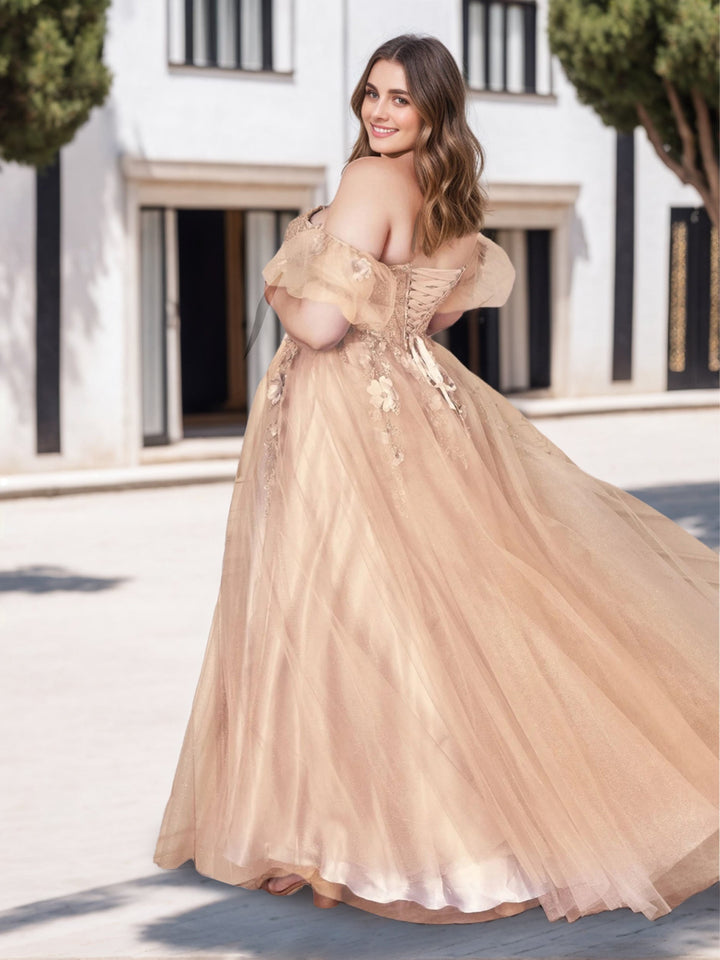 Ball Gown Strapless Sleeveless Floor-Length Plus Size Tulle Prom Dresses With Sequins and Appliques