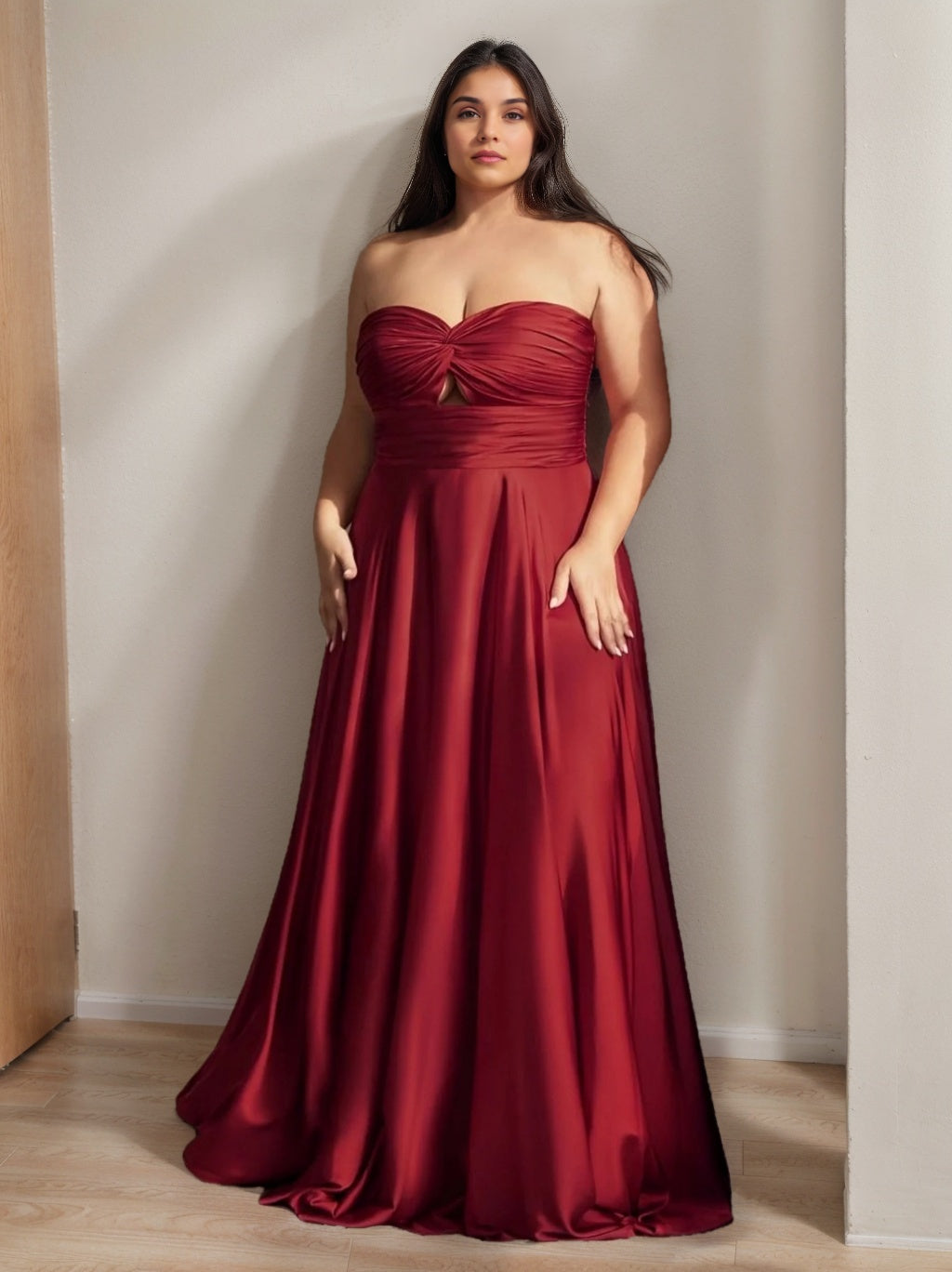A-Line/Princess Strapless Sleeveless Floor-Length Plus Size Prom Dresses With Ruffles