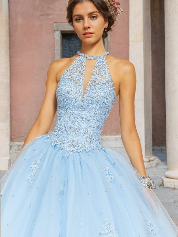 Ball Gown Hlater Sleeveless Floor-length Long Prom Dresses with Appliques
