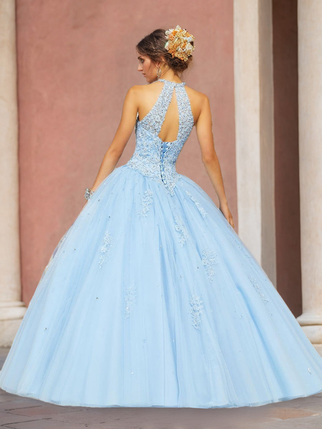 Ball Gown Hlater Sleeveless Floor-length Long Prom Dresses with Appliques
