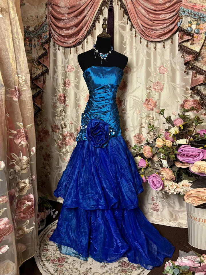 A-Line/Princess Strapless Sleeveless Floor-Length Taffeta Unique Lace Prom Dresses with Ruffles & Flowers