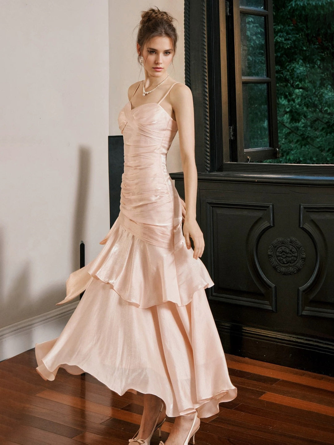 A-Line/Princess Spaghetti Straps Sleeveless Ankle-Length Prom Dresses with Ruffles & Watteau Train