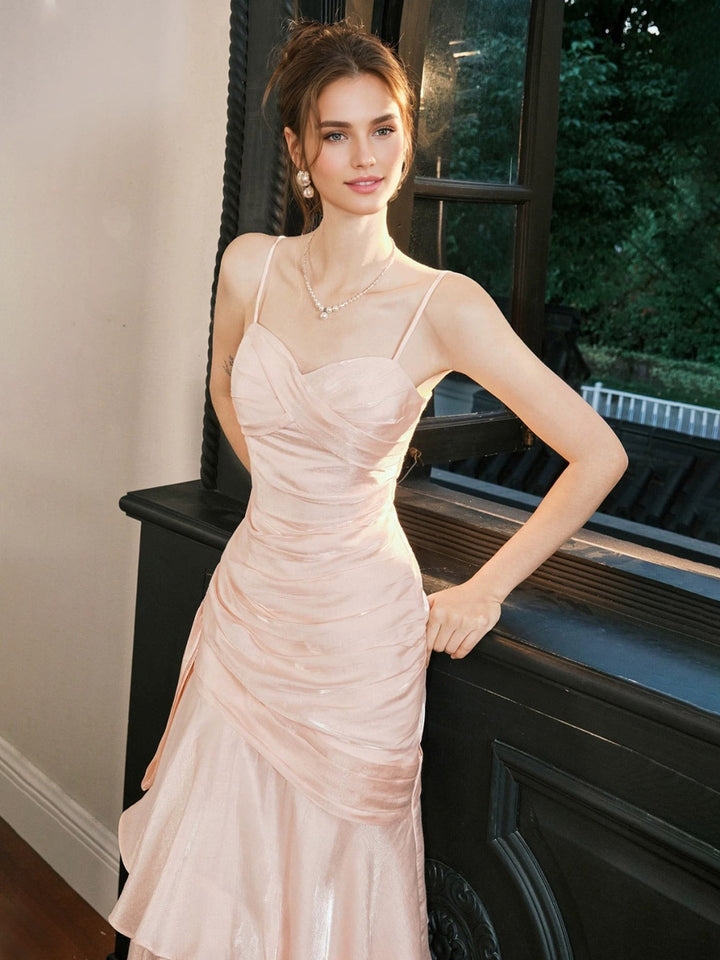 A-Line/Princess Spaghetti Straps Sleeveless Ankle-Length Prom Dresses with Ruffles & Watteau Train