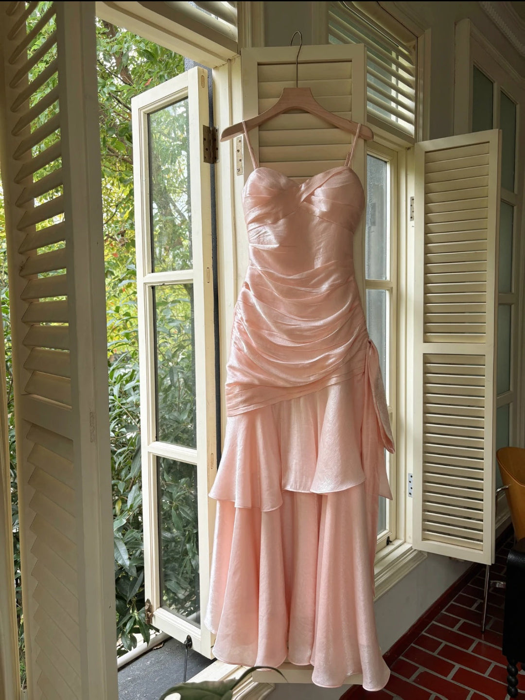 A-Line/Princess Spaghetti Straps Sleeveless Ankle-Length Prom Dresses with Ruffles & Watteau Train