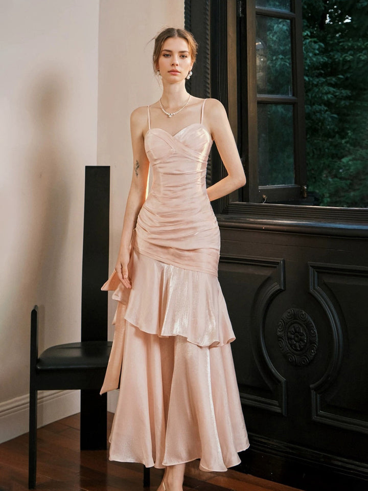 A-Line/Princess Spaghetti Straps Sleeveless Ankle-Length Prom Dresses with Ruffles & Watteau Train