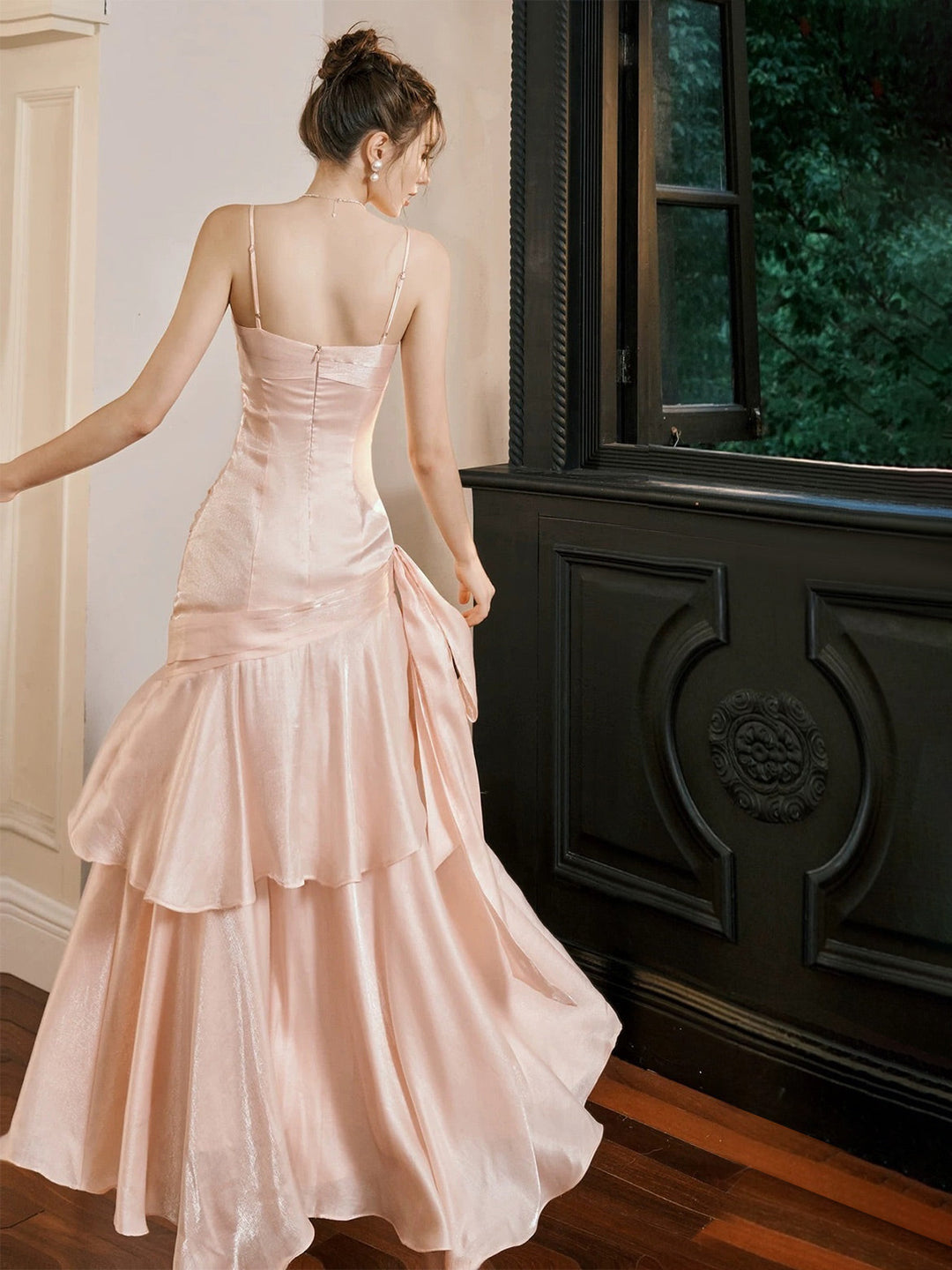 A-Line/Princess Spaghetti Straps Sleeveless Ankle-Length Prom Dresses with Ruffles & Watteau Train