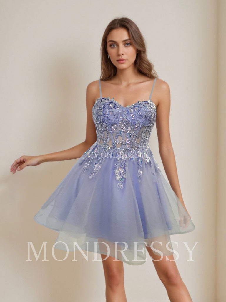 A-Line/Princess Spaghetti Straps Sleeveless Short/Mini Party Dance Cocktail Homecoming Dress with Sequins & Lace Appliques