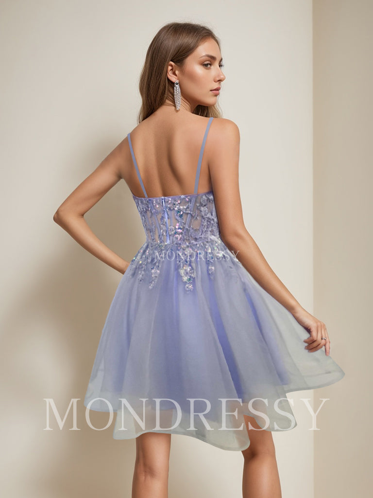 A-Line/Princess Spaghetti Straps Sleeveless Short/Mini Party Dance Cocktail Homecoming Dress with Sequins & Lace Appliques