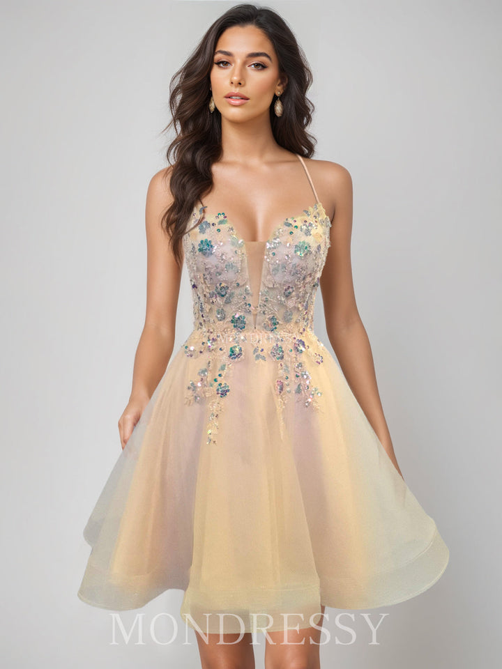 A-Line/Princess Spaghetti Straps Sleeveless Short/Mini Party Dance Cocktail Homecoming Dress with Sequins & Beaded