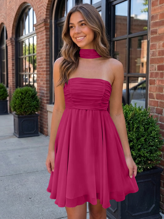 A-Line/Princess Strapless Chiffon Homecoming Dresses with Scarf Sleeveless Short/Mini Ruched