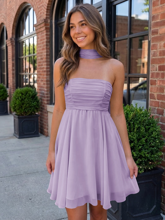 A-Line/Princess Strapless Chiffon Homecoming Dresses with Scarf Sleeveless Short/Mini Ruched