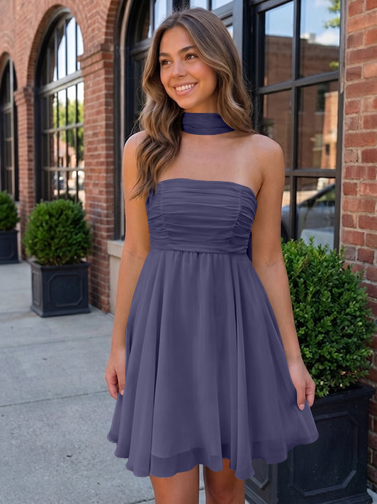 A-Line/Princess Strapless Chiffon Homecoming Dresses with Scarf Sleeveless Short/Mini Ruched