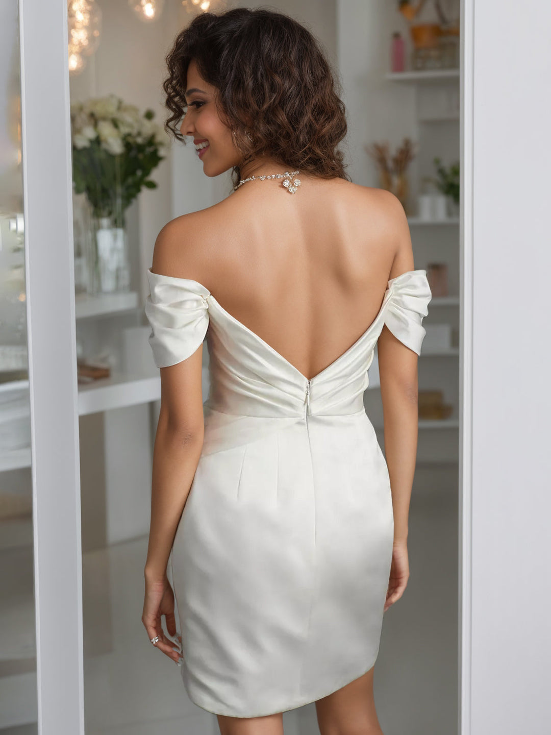 A Line/Princess Off-the-shoulder Short Sleeve Asymmetrical Elegant Wedding Dresses