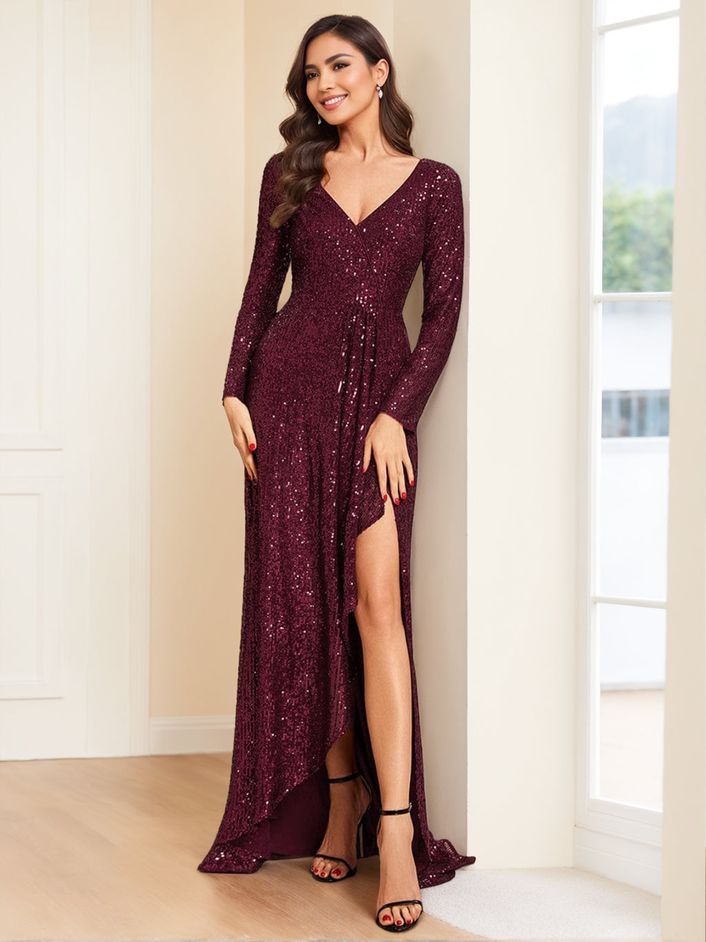 A-Line/Princess V-Neck Long Sleeves Asymmetrical Evening Dresses with Sequins