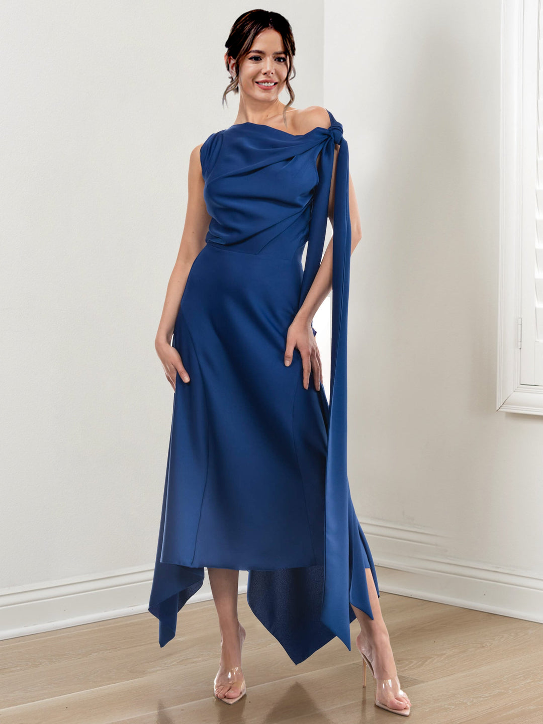 Sheath/Column Jewel Neck Tea-Length Asymmetrical Mother of the Bride Dresses with Ruched