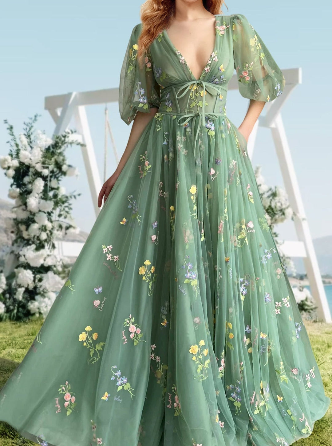 A-Line/Princess V-Neck Short Sleeves Floral Long Formal Prom Dresses W - Mondressy UK A-Line/Princess V-Neck Short Sleeves Floral Long Formal Prom Dresses W - Mondressy UK