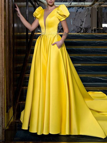 A-Line/Princess V-Neck Floor-length Prom Dresses