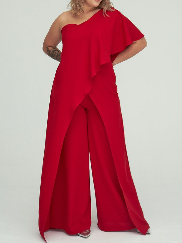 Jumpsuit/Pantsuit 1/2 Sleeves One-Shoulder Floor-Length Wedding Guest Dresses