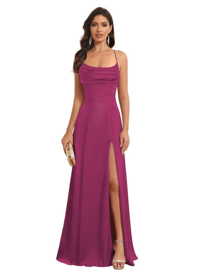 A-Line Spaghetti Straps Sleeveless Floor Length Bridesmaid Dresses Satin With Split Slide