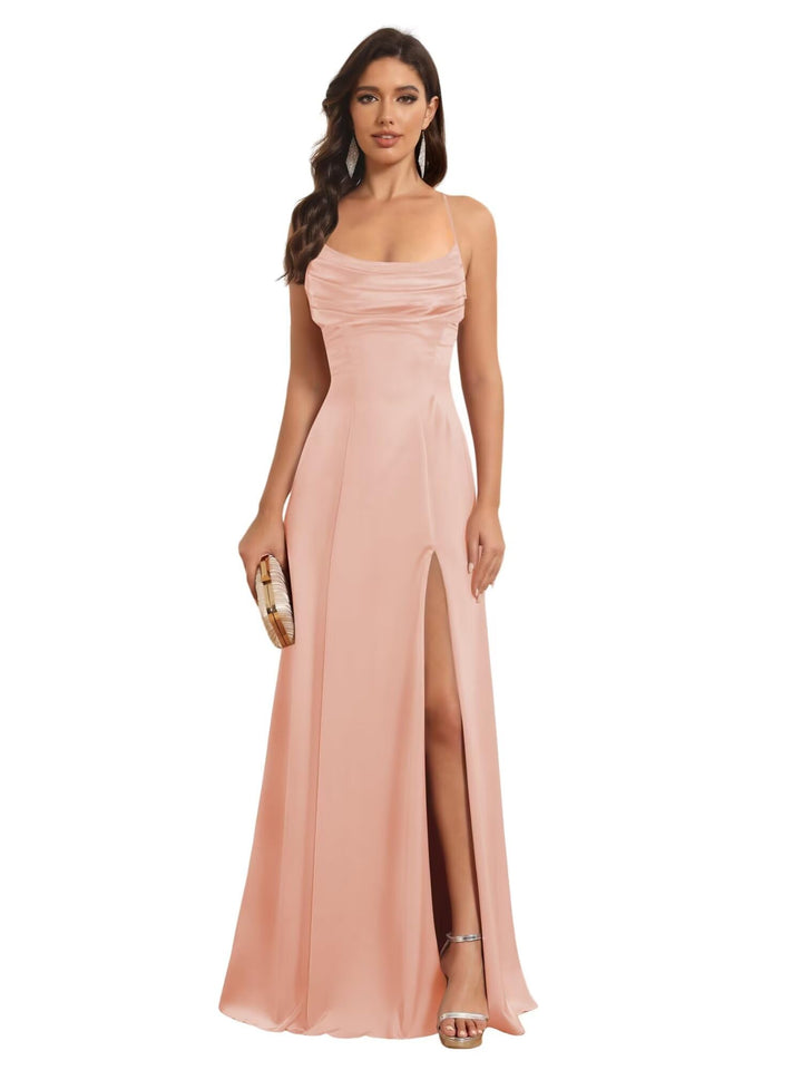 A-Line Spaghetti Straps Sleeveless Floor Length Bridesmaid Dresses Satin With Split Slide