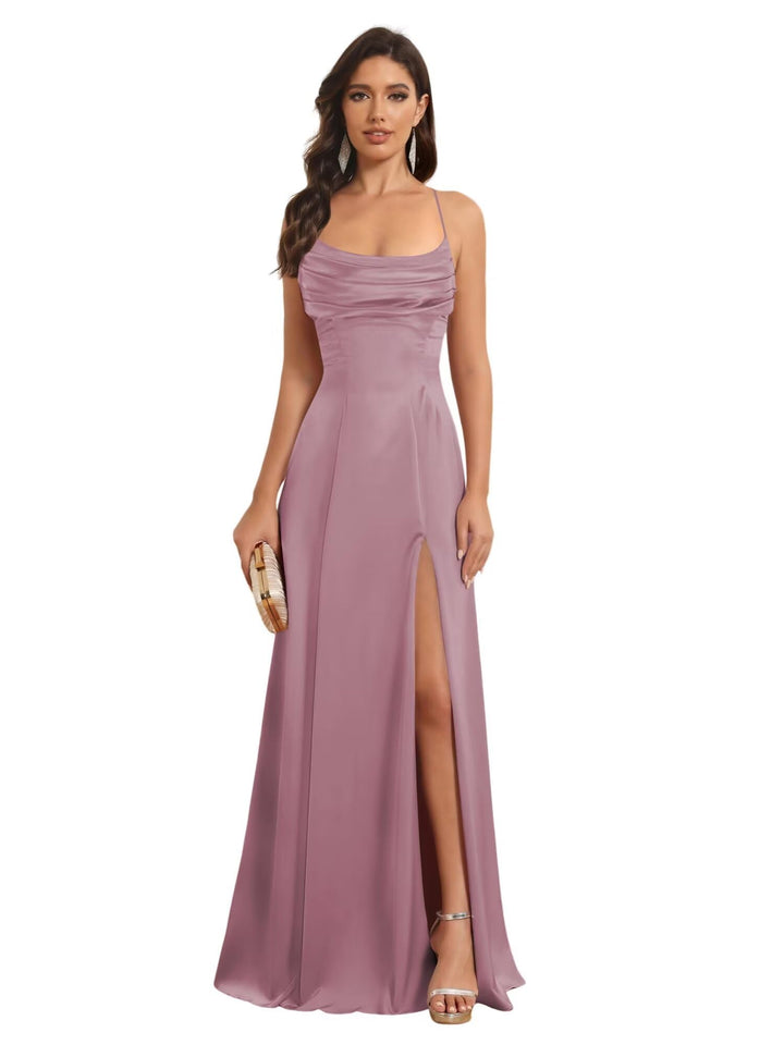 A-Line Spaghetti Straps Sleeveless Floor Length Bridesmaid Dresses Satin With Split Slide