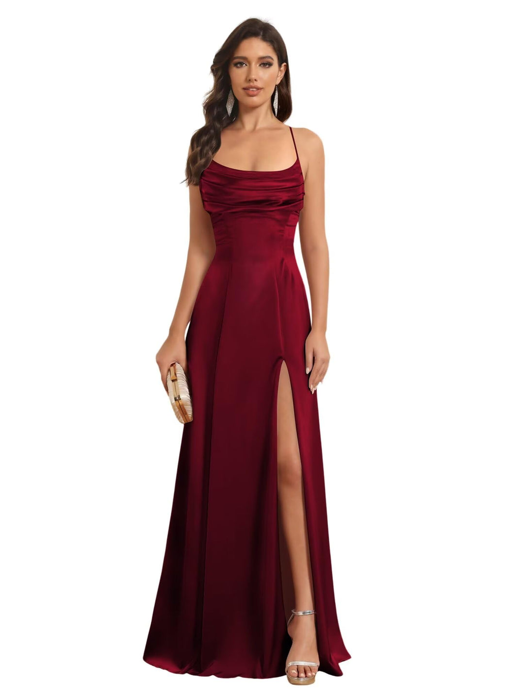 A-Line Spaghetti Straps Sleeveless Floor Length Bridesmaid Dresses Satin With Split Slide