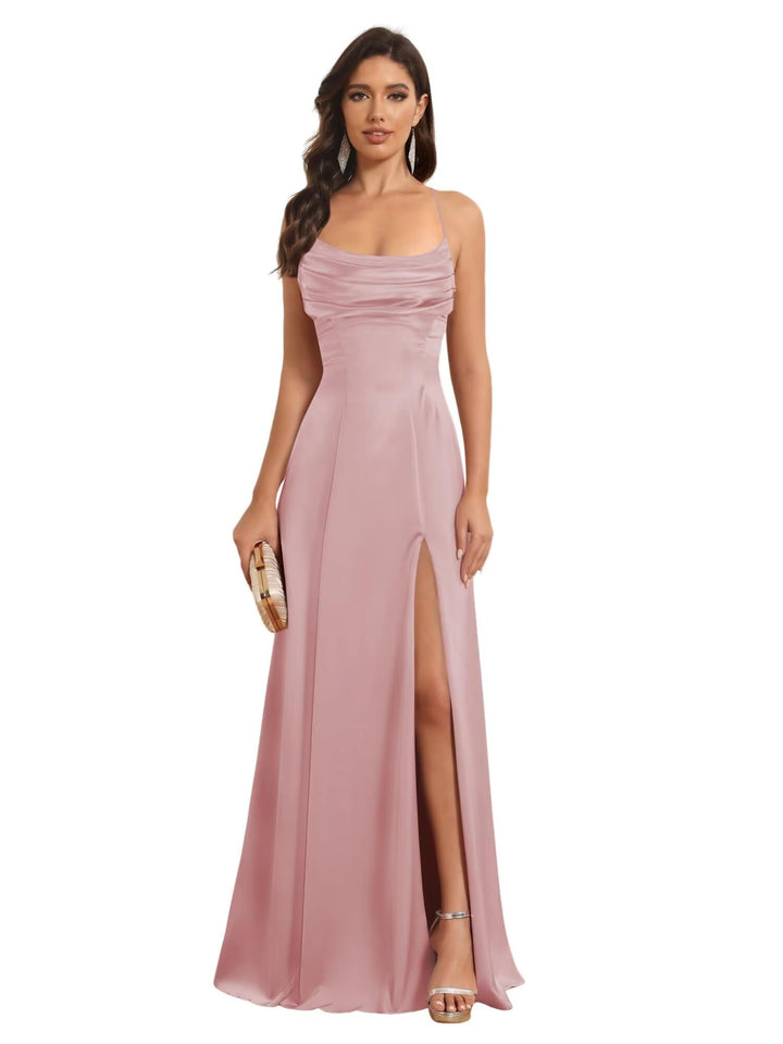 A-Line Spaghetti Straps Sleeveless Floor Length Bridesmaid Dresses Satin With Split Slide