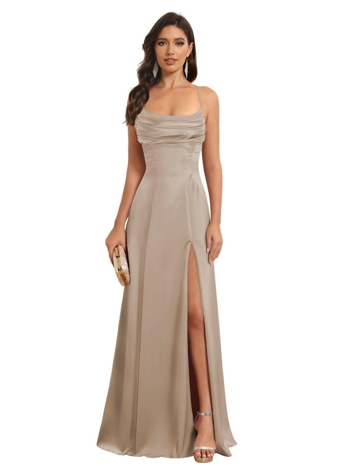 A-Line Spaghetti Straps Sleeveless Floor Length Bridesmaid Dresses Satin With Split Slide