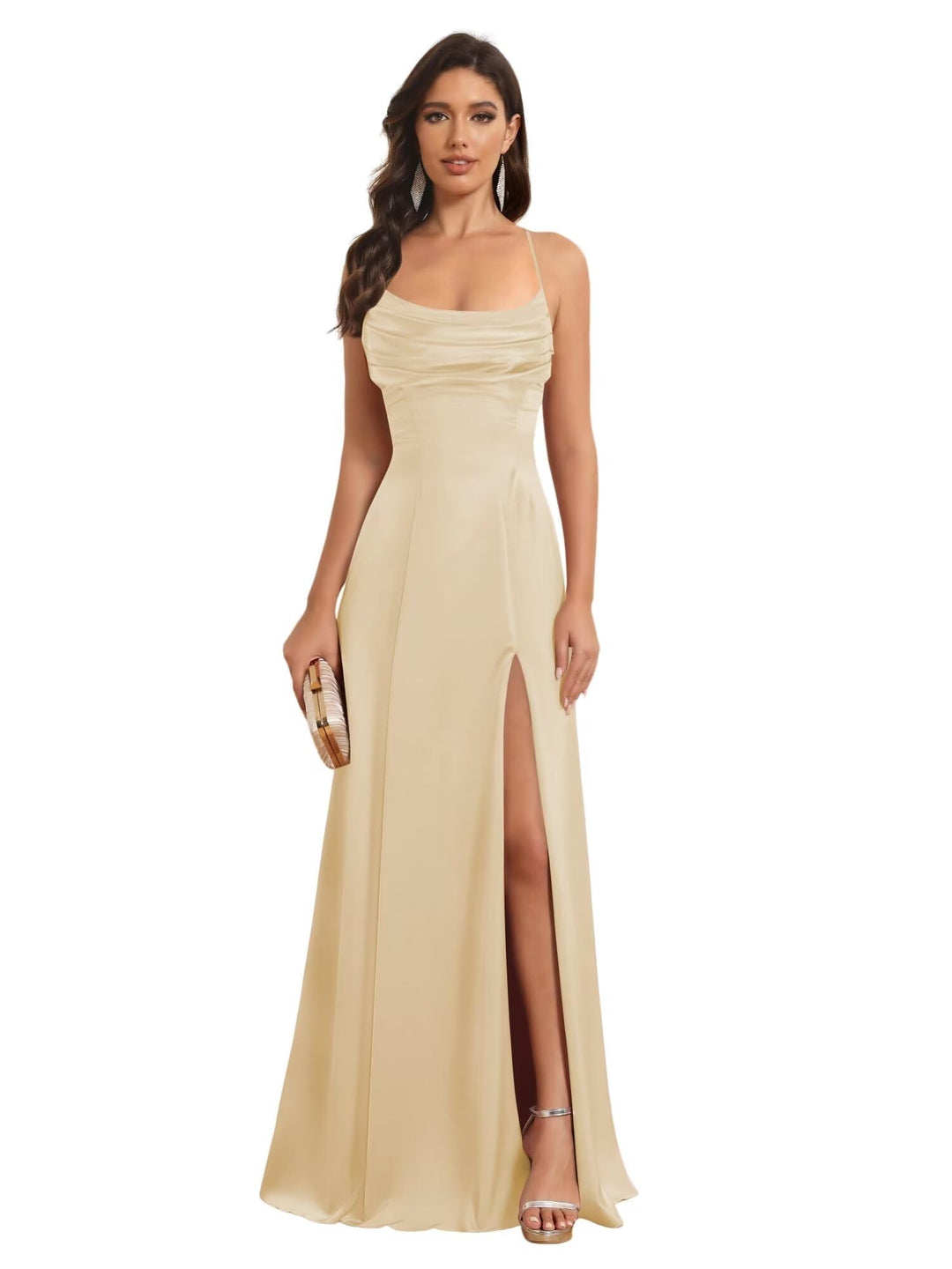 A-Line Spaghetti Straps Sleeveless Floor Length Bridesmaid Dresses Satin With Split Slide