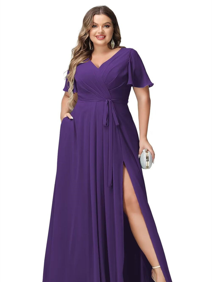 A Line/Princess Chiffon V-Neck Short Sleeves Floor-Length Bridesmaid Dresses