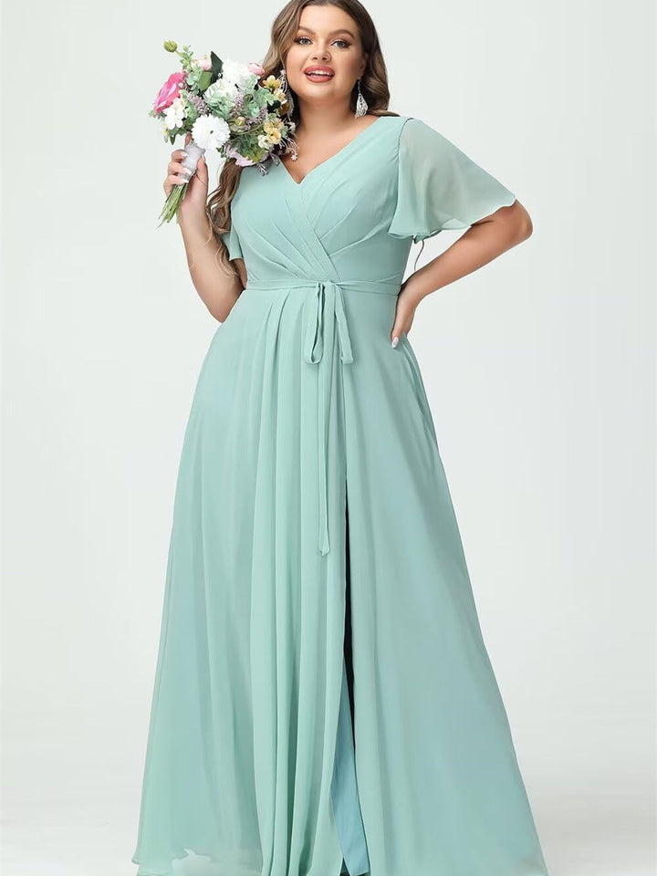 A Line/Princess Chiffon V-Neck Short Sleeves Floor-Length Bridesmaid Dresses