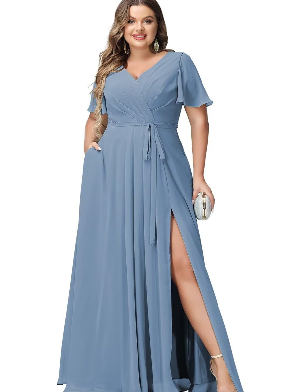 A Line/Princess Chiffon V-Neck Short Sleeves Floor-Length Bridesmaid Dresses