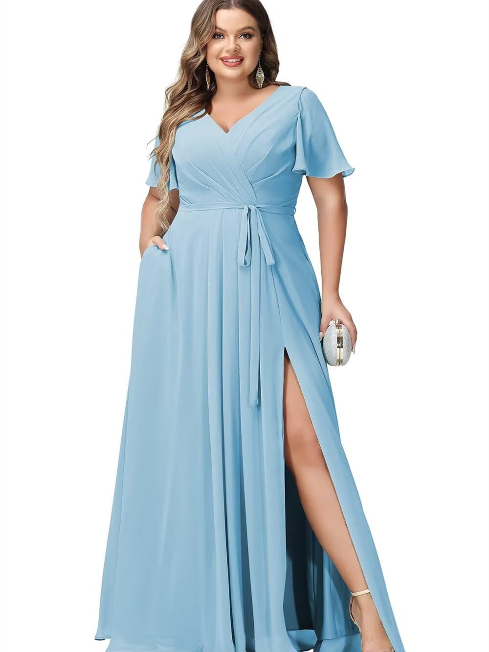 A Line/Princess Chiffon V-Neck Short Sleeves Floor-Length Bridesmaid Dresses