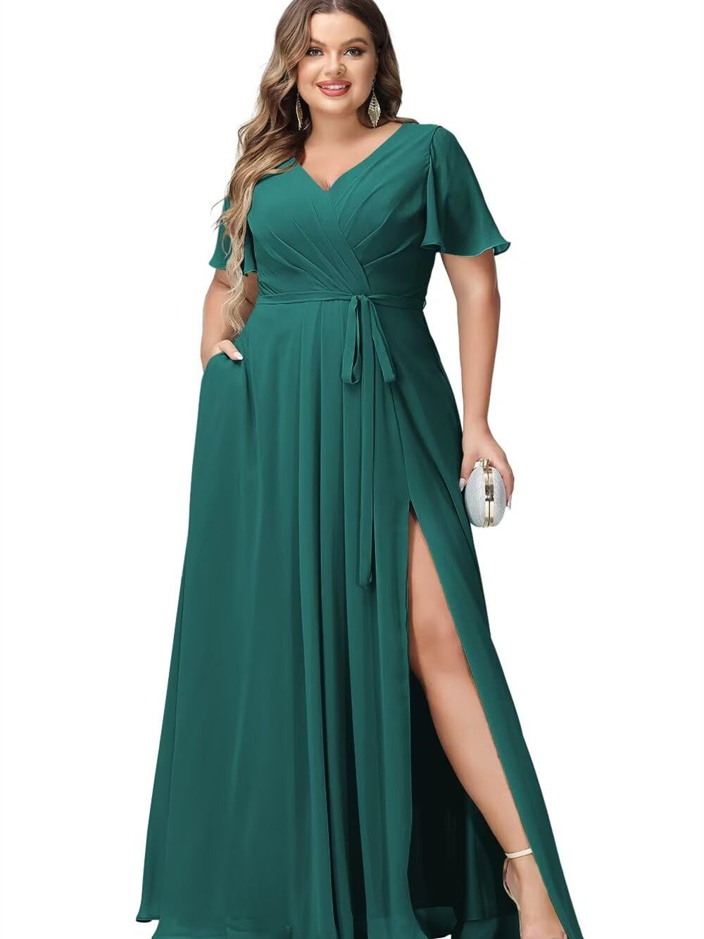 A Line/Princess Chiffon V-Neck Short Sleeves Floor-Length Bridesmaid Dresses