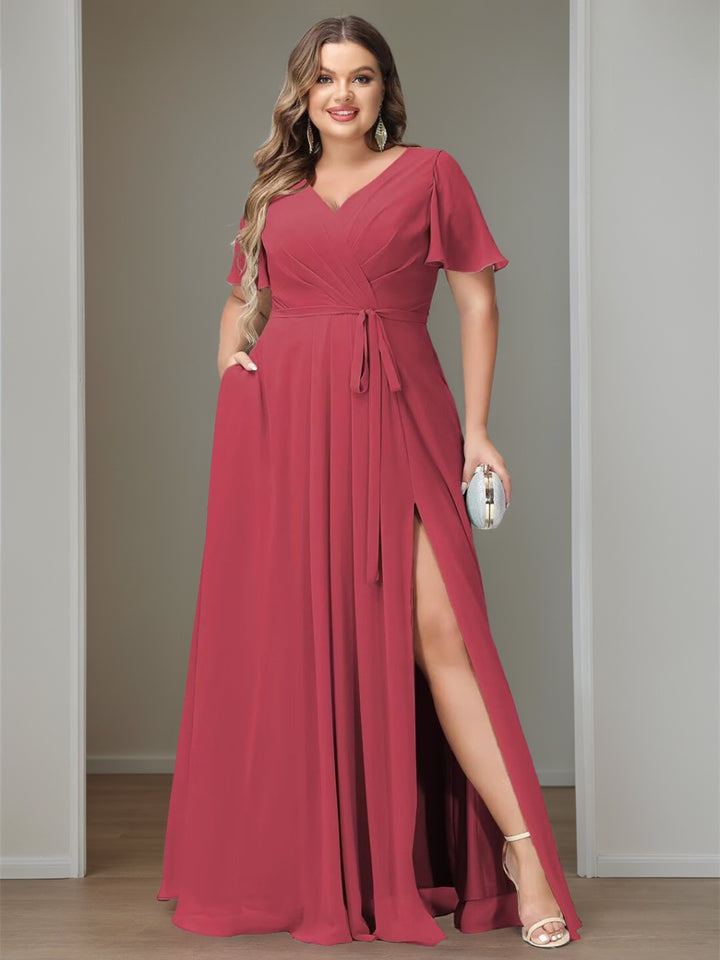 A Line/Princess Chiffon V-Neck Short Sleeves Floor-Length Bridesmaid Dresses