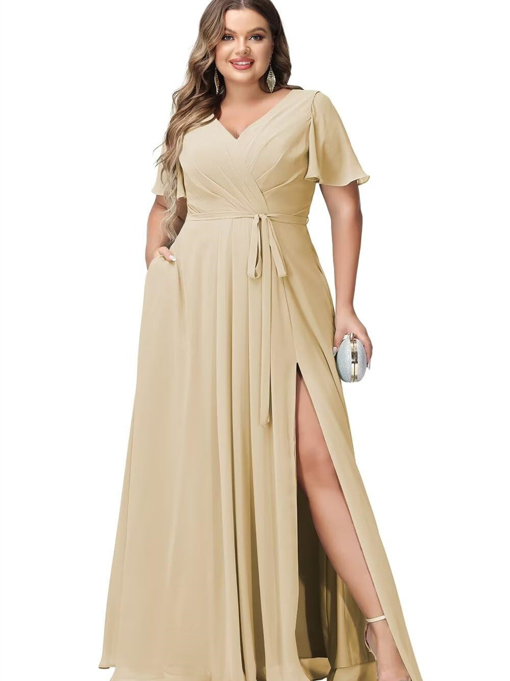 A Line/Princess Chiffon V-Neck Short Sleeves Floor-Length Bridesmaid Dresses