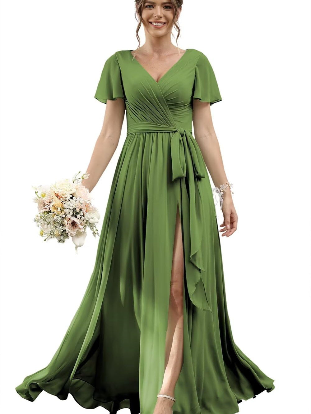 A Line/Princess Chiffon V-Neck Short Sleeves Floor-Length Bridesmaid Dresses