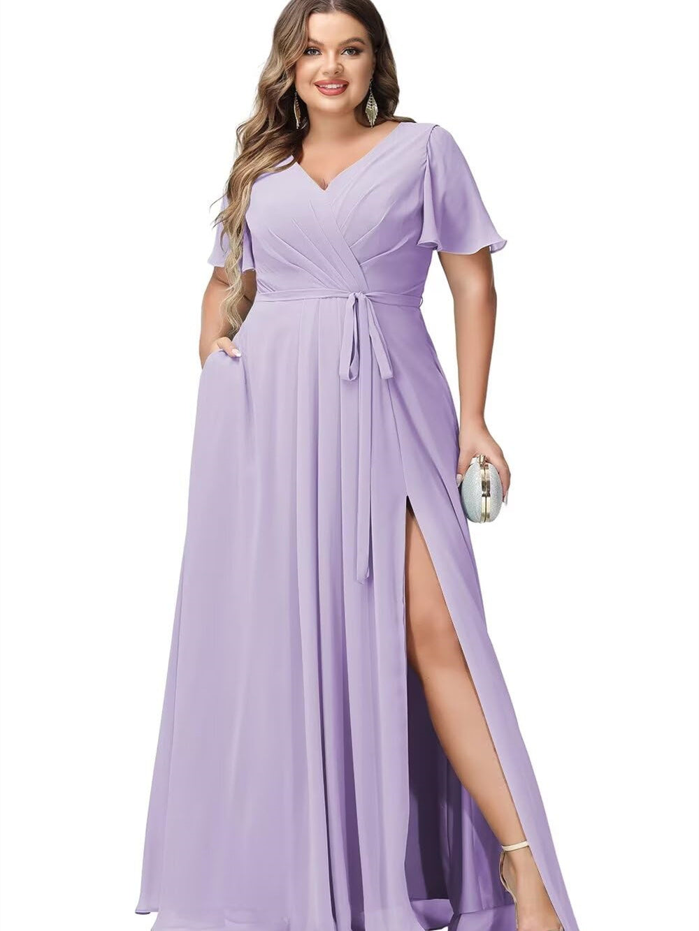 A Line/Princess Chiffon V-Neck Short Sleeves Floor-Length Bridesmaid Dresses