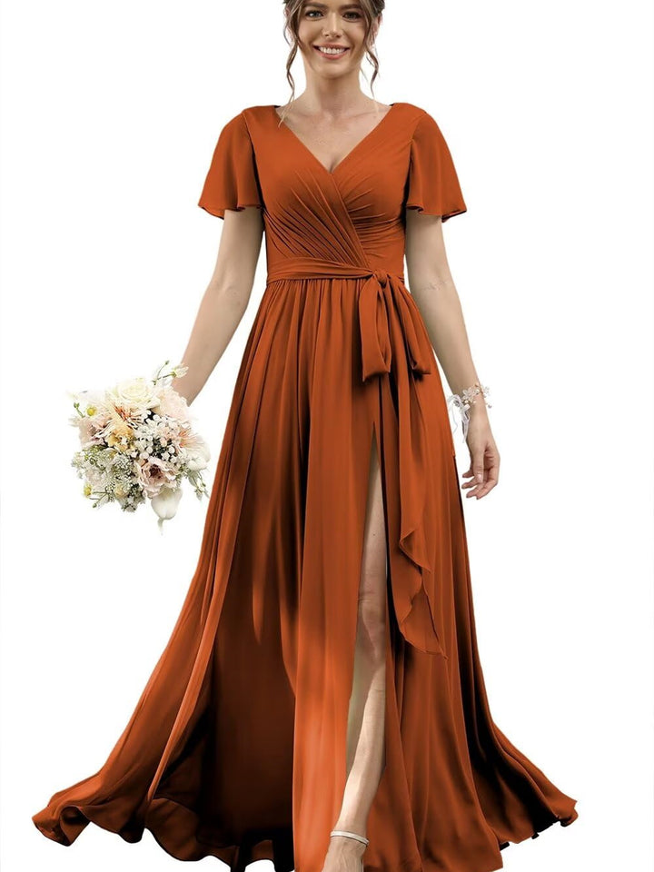 A Line/Princess Chiffon V-Neck Short Sleeves Floor-Length Bridesmaid Dresses