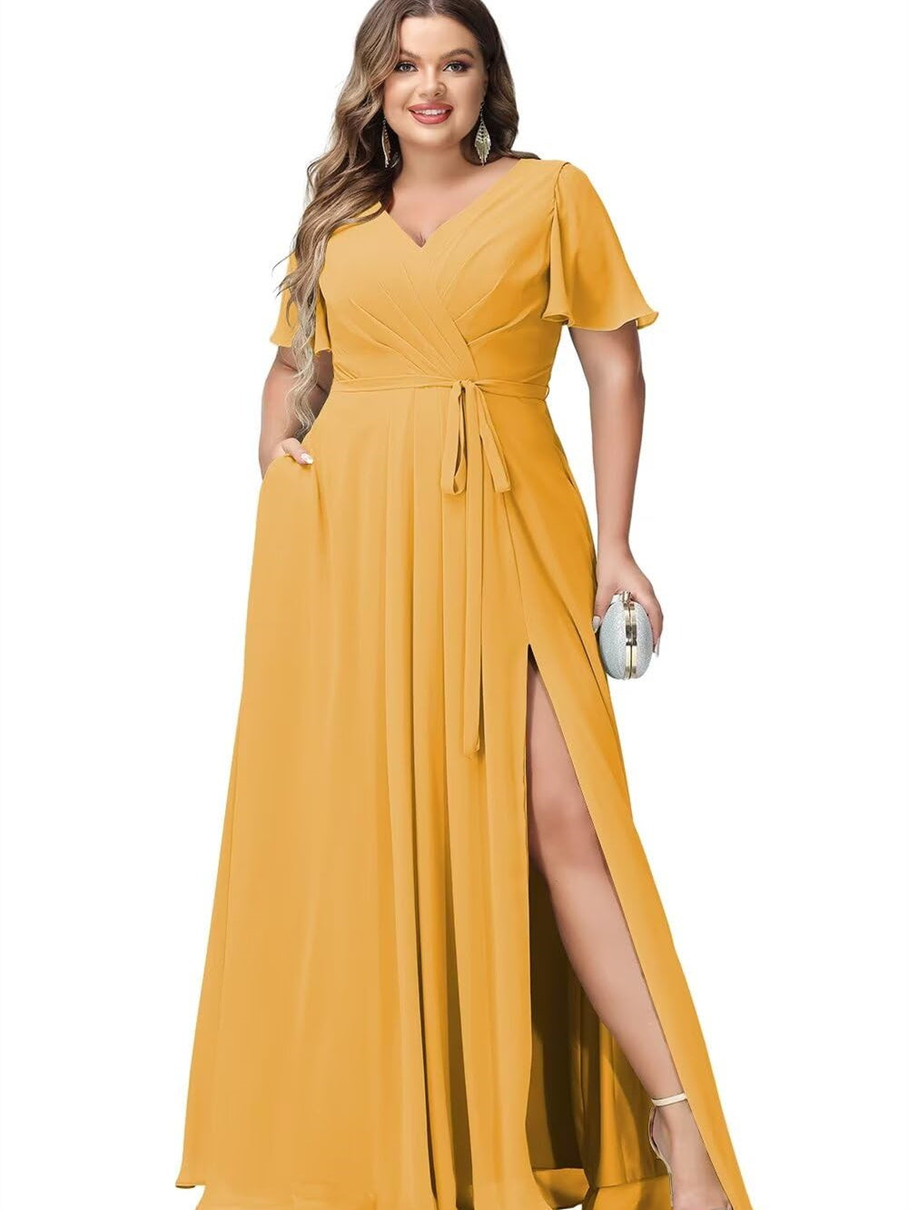 A Line/Princess Chiffon V-Neck Short Sleeves Floor-Length Bridesmaid Dresses