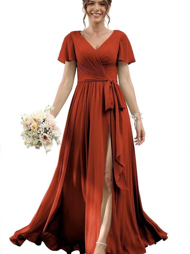 A Line/Princess Chiffon V-Neck Short Sleeves Floor-Length Bridesmaid Dresses