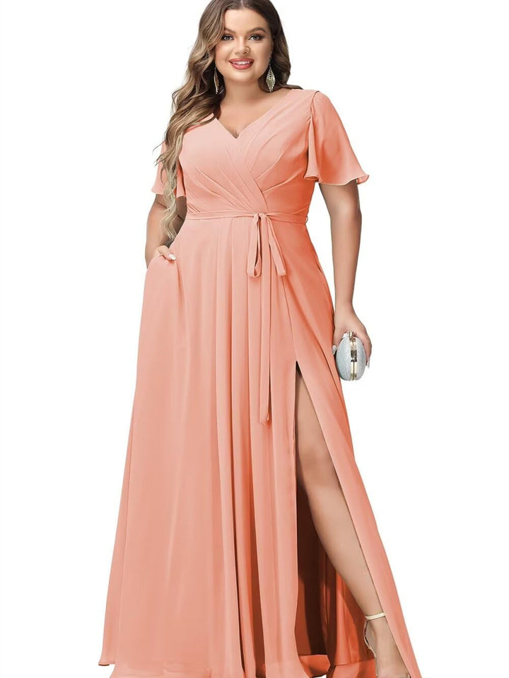 A Line/Princess Chiffon V-Neck Short Sleeves Floor-Length Bridesmaid Dresses