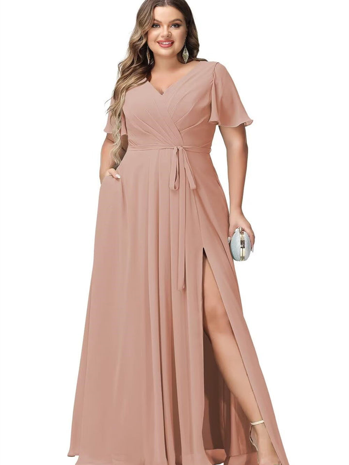 A Line/Princess Chiffon V-Neck Short Sleeves Floor-Length Bridesmaid Dresses