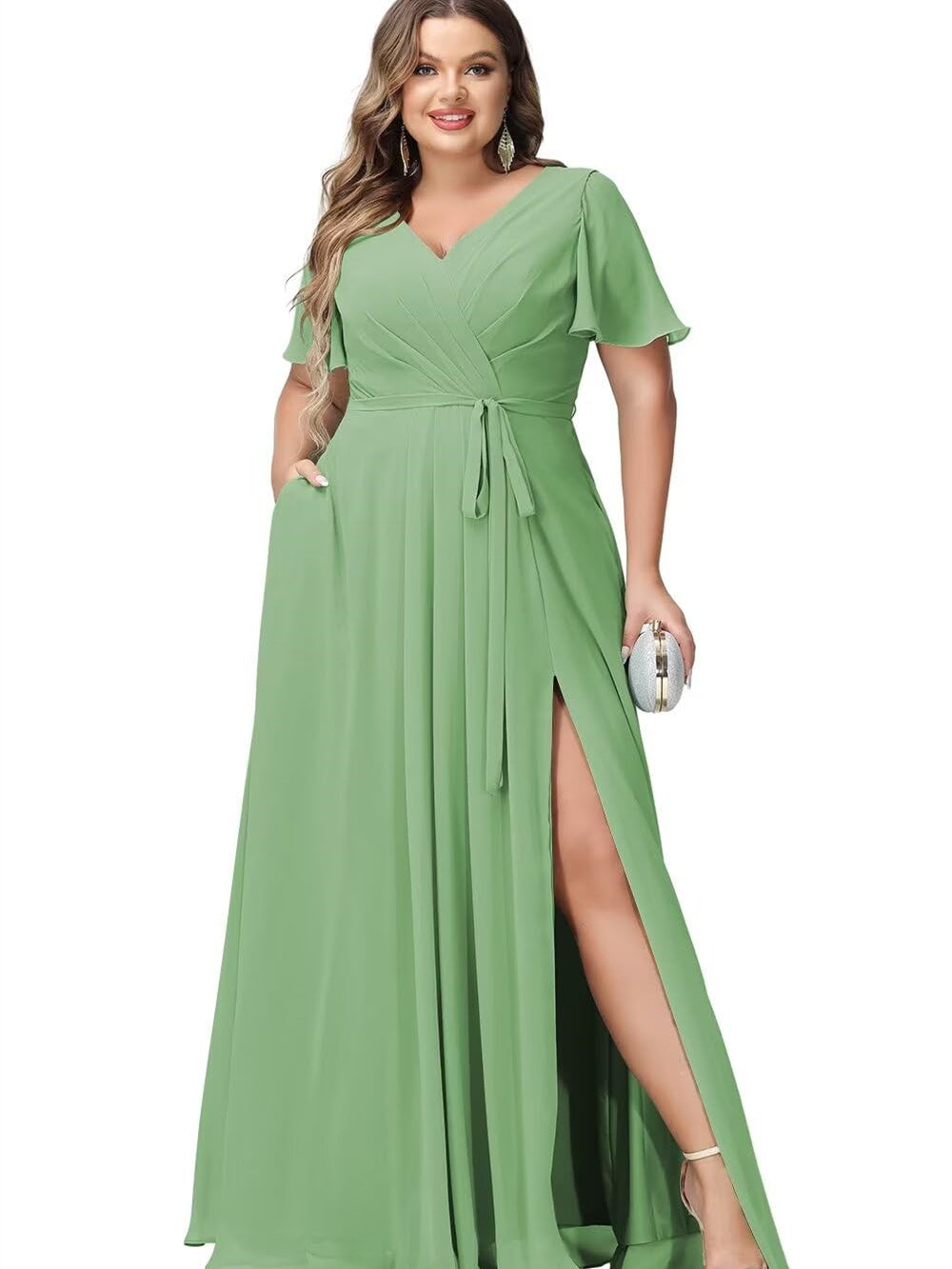 A Line/Princess Chiffon V-Neck Short Sleeves Floor-Length Bridesmaid Dresses