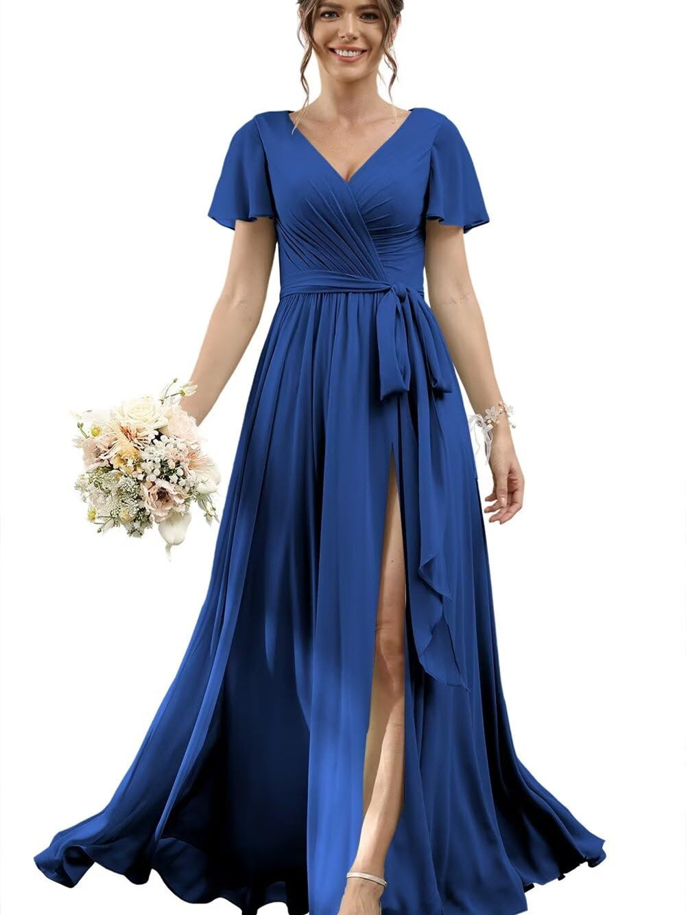 A Line/Princess Chiffon V-Neck Short Sleeves Floor-Length Bridesmaid Dresses